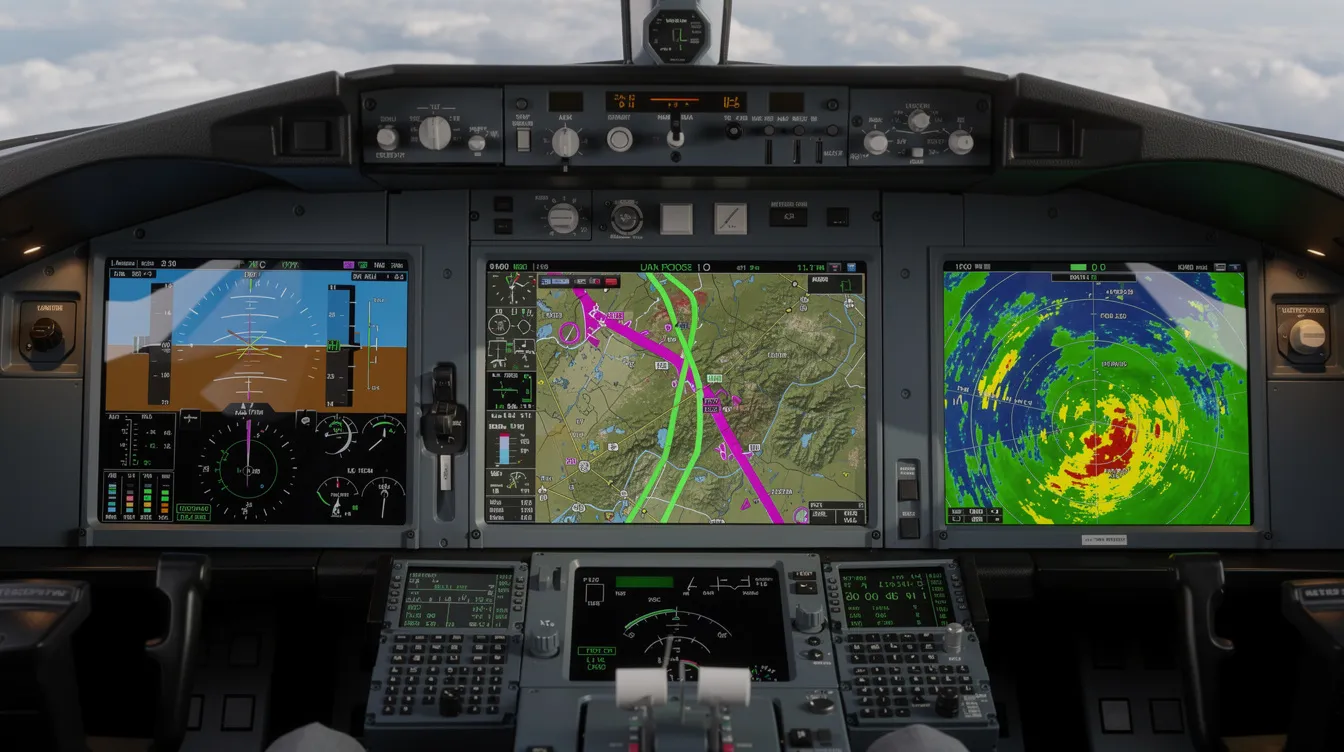 The image features a modern glass cockpit avionics display inside a Cessna aircraft, showcasing essential navigation and weather data. This advanced technology enhances the aviation journey, providing pilots with real-time information for a safe flight experience.