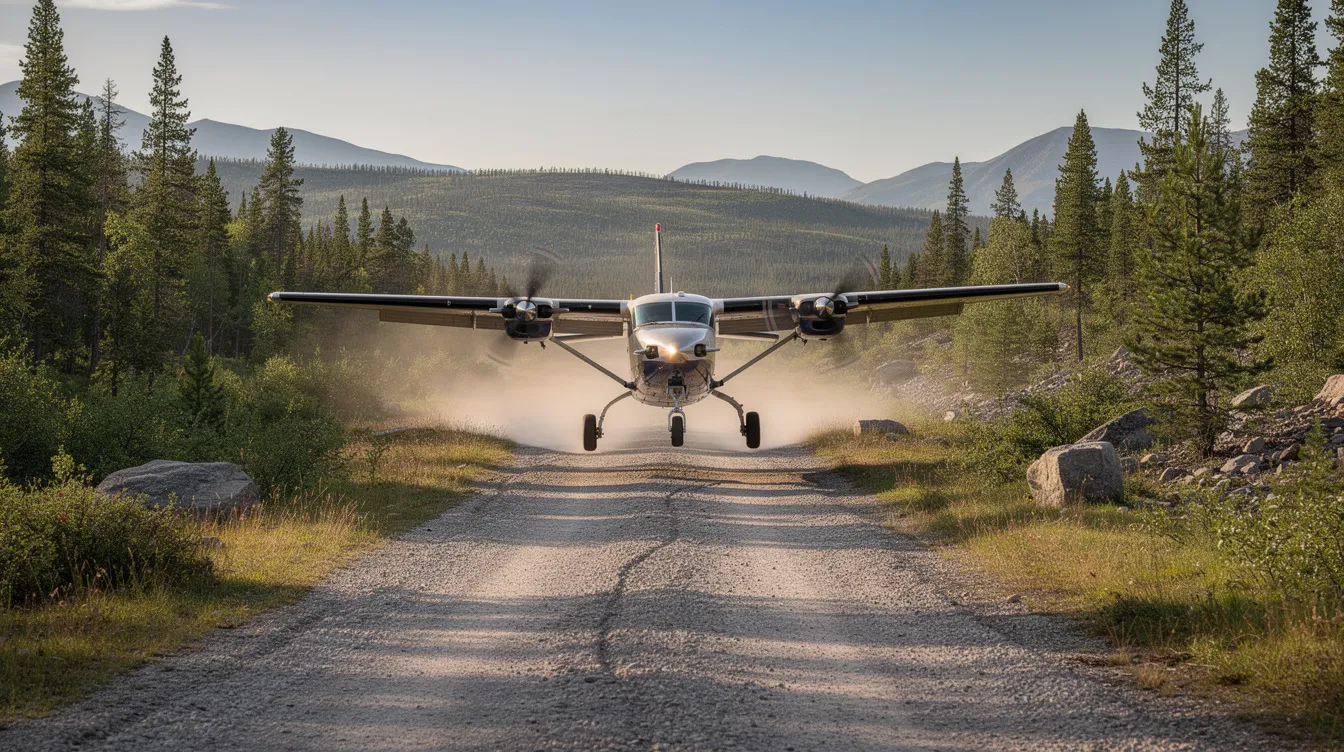 A Cessna Grand Caravan EX aircraft is landing on a short gravel runway, surrounded by lush wilderness, highlighting its versatility as a utility turboprop. The scene captures the essence of an aviation journey, showcasing the Cessna brand's commitment to performance and reliability.