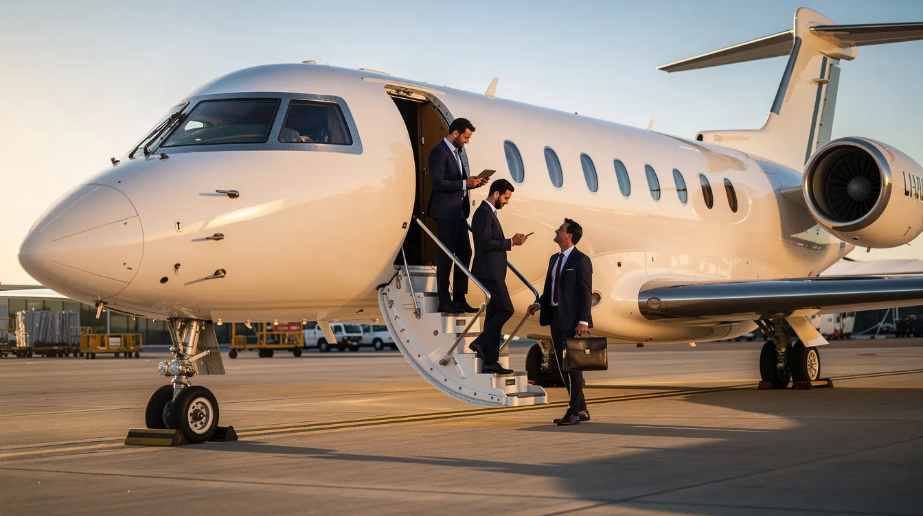 A modern business jet, representing the next generation of aviation technology, is parked on a tarmac as executives in suits prepare to board. The aircraft showcases advanced features and is designed for efficiency and reliability, embodying the essence of luxury travel in the world of general aviation.