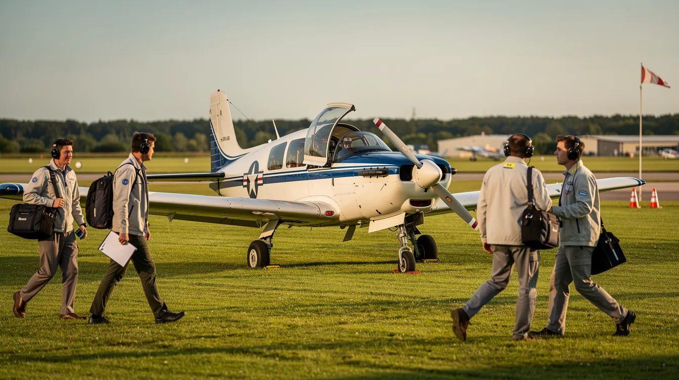 A classic Piper training aircraft, a reliable single-engine light aircraft, is parked on a grassy airfield while student pilots walk nearby, engaging in flight training and preparing for their next adventure in aviation. The scene captures the essence of general aviation and the excitement of learning to fly.