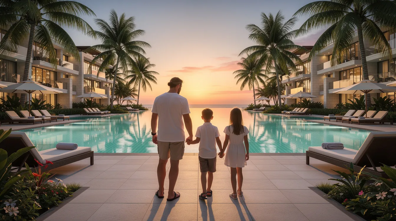 A family strolls towards a luxurious resort pool area, surrounded by lush palm trees, evoking a tropical paradise. This scene captures the essence of relaxation and enjoyment, perfect for those seeking a getaway in the Orlando area, close to attractions like Walt Disney World and Universal Studios.