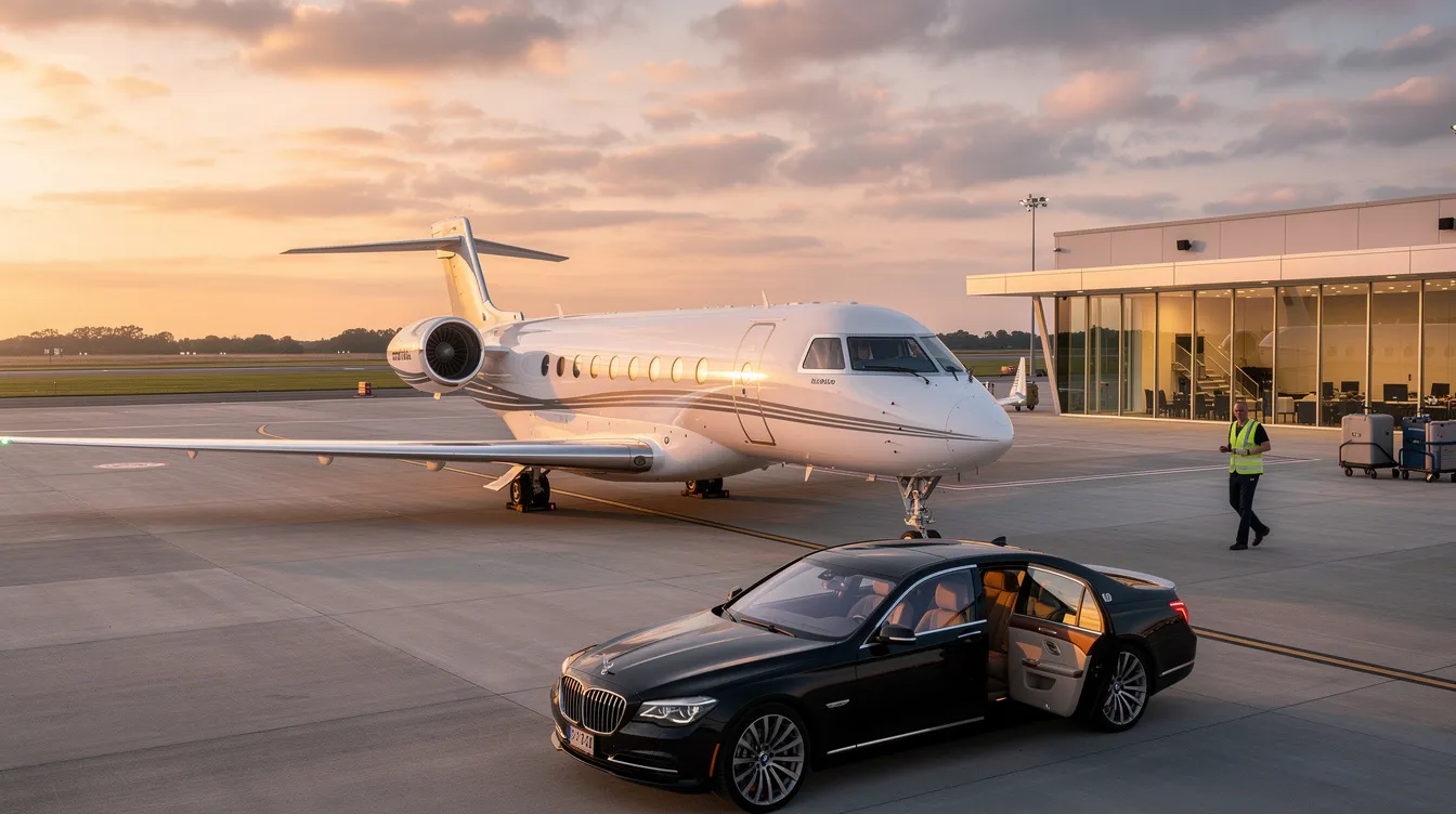 The image depicts a luxurious private jet parked at an airport, ready for boarding. This scene highlights the convenience of private jet charters for travelers heading to popular destinations like Walt Disney World Resort and Universal Studios Florida in Orlando, Florida.