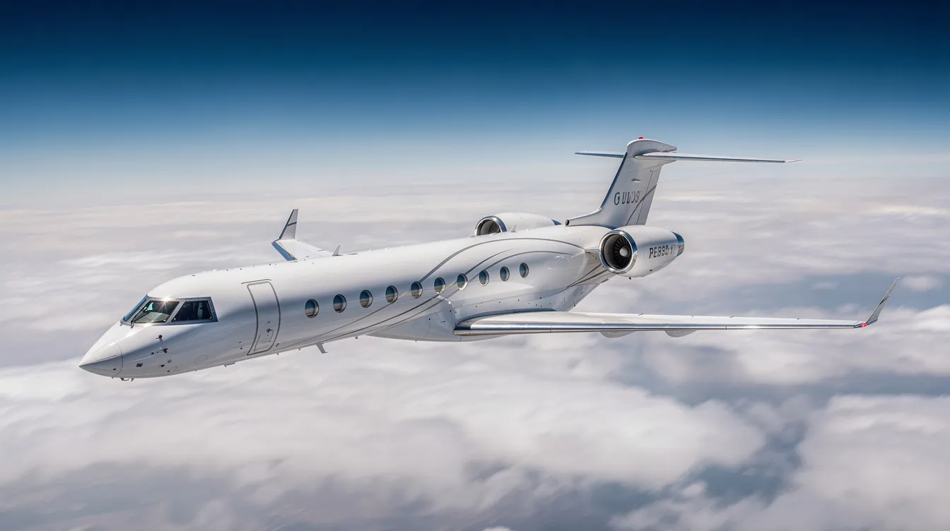 The image features a sleek Gulfstream G550, an ultra long-range private jet known for its fuel efficiency and luxurious interior. It showcases the aircraft's forward galley configuration and elegant design, highlighting its status as a top choice for executives seeking comfort and performance during long flights.