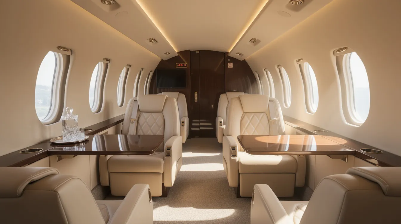 The image depicts a luxurious private jet cabin interior, featuring plush leather seating and ample natural light streaming through large windows. This elegant space is designed for comfort and sophistication, typical of ultra long range jets like the Gulfstream G550, offering a serene environment for passengers during their flight.