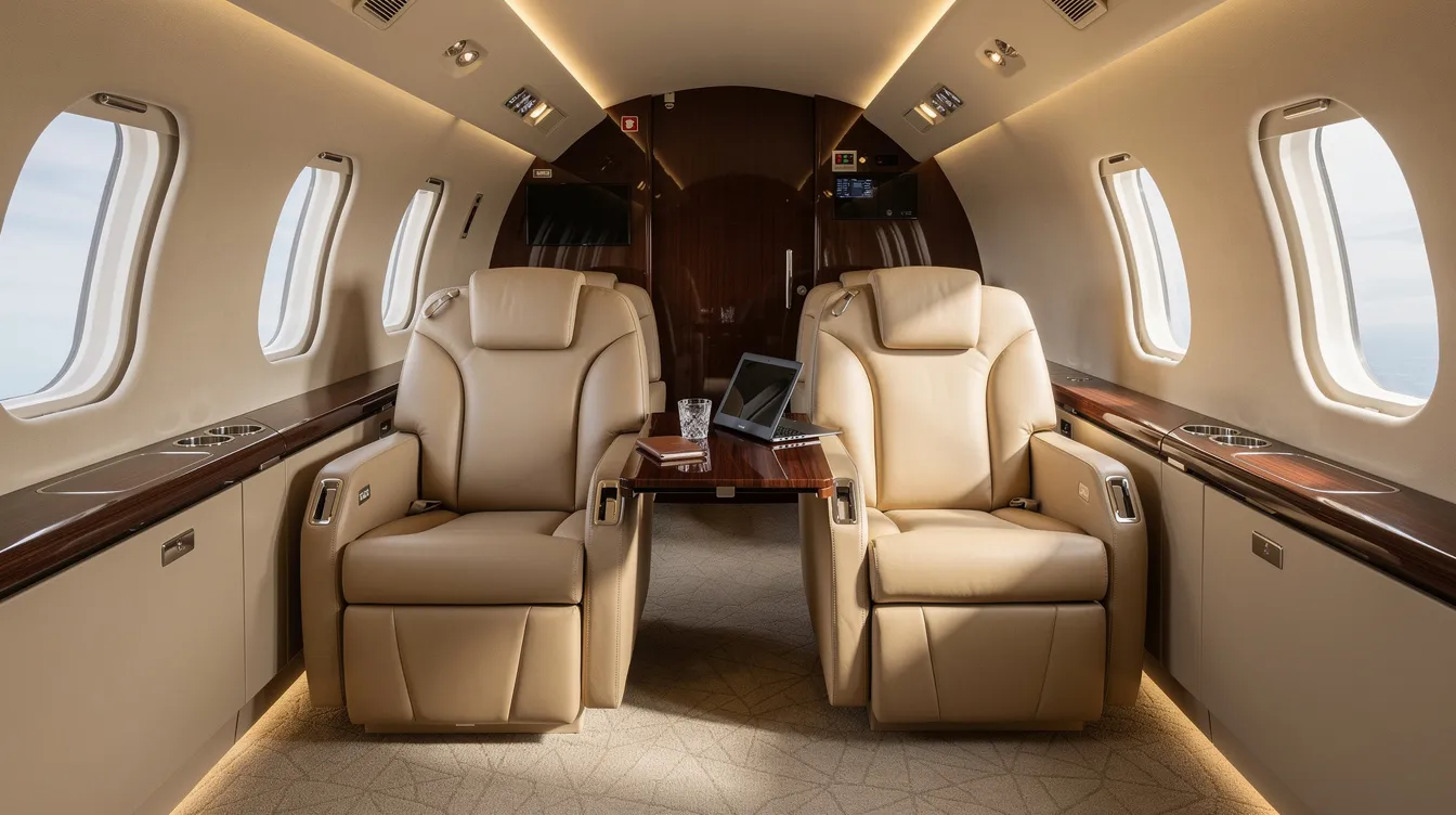 The image showcases the luxurious interior of a Bombardier Global 6000 business jet, featuring plush leather club seating designed for comfort during long-range flights. The spacious cabin is elegantly appointed, providing an inviting atmosphere for relaxation and productivity at high altitudes.