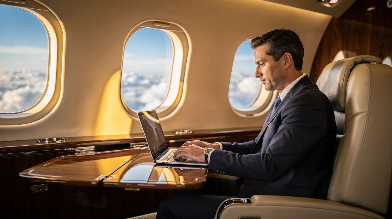 An executive is focused on working on a laptop inside the luxurious cabin of a Bombardier Global 6000 private jet, showcasing the spacious interior designed for comfort and productivity during high-speed flights. The cabin features club seats and modern avionics, providing a perfect environment for business during long-range journeys.