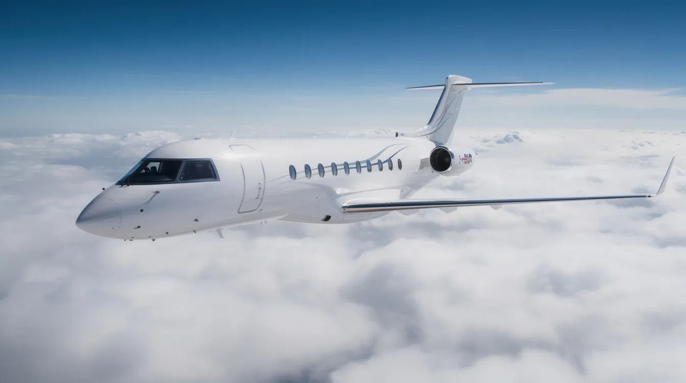 A sleek white Embraer Phenom 300 business jet soars above a sea of fluffy white clouds, set against a vibrant blue sky, showcasing its status as one of the best-selling light jets in the market. The aircraft's powerful engines and advanced flight management system ensure a smooth and efficient flight experience.