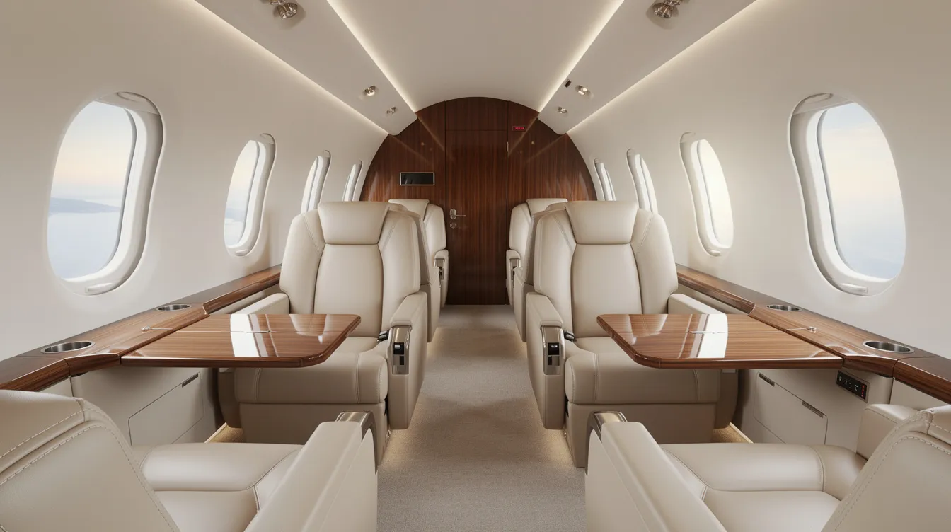 The interior of the Embraer Phenom 300 light jet features luxurious cream leather club seating, large oval windows allowing ample natural light, and elegant wood grain tables, creating a comfortable and sophisticated atmosphere for passengers. This best-selling business jet is designed for a quieter cabin experience and offers impressive baggage capacity, making it ideal for both leisure and business travel.