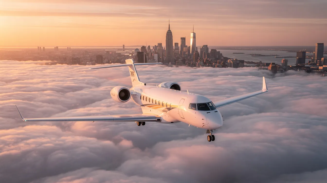 The image showcases a luxurious private jet aircraft for sale, featuring a fully upgraded cabin management system and a brand new Collins Proline avionics panel. This aircraft, located in New York, boasts low time overhauled engines, air conditioning, and a fresh annual maintenance check, making it a highly recommended option for those looking to enjoy flying.