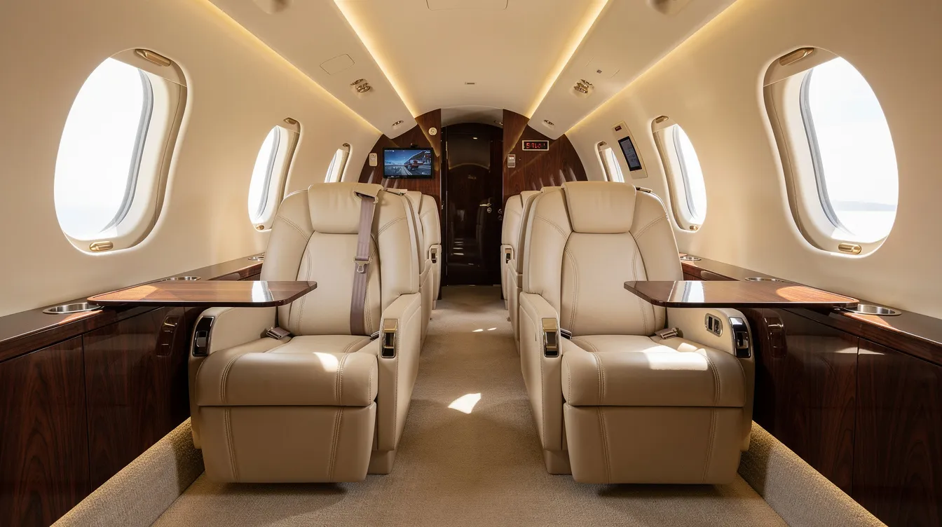 The image depicts the interior of a luxury private jet cabin, featuring plush cream leather seats and elegant wood accents, designed for comfort and style. This opulent space is ideal for private jet charter flights, offering a serene atmosphere for travelers heading to destinations like Las Vegas.