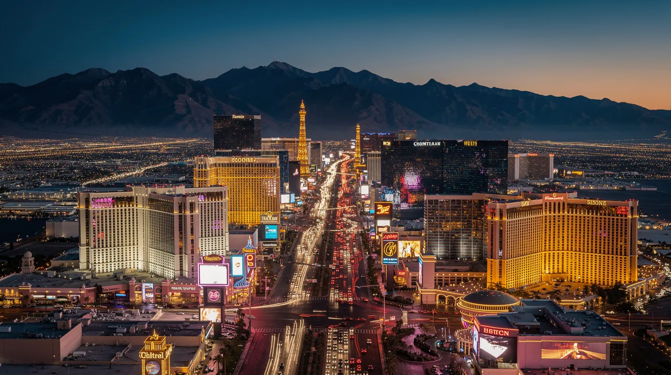 An aerial view of the Las Vegas Strip at dusk showcases the vibrant lights of the city against a backdrop of mountains, highlighting the entertainment capital's iconic skyline. This picturesque scene reflects the allure of private jet charter flights to Las Vegas, inviting travelers to experience the luxury of private travel.