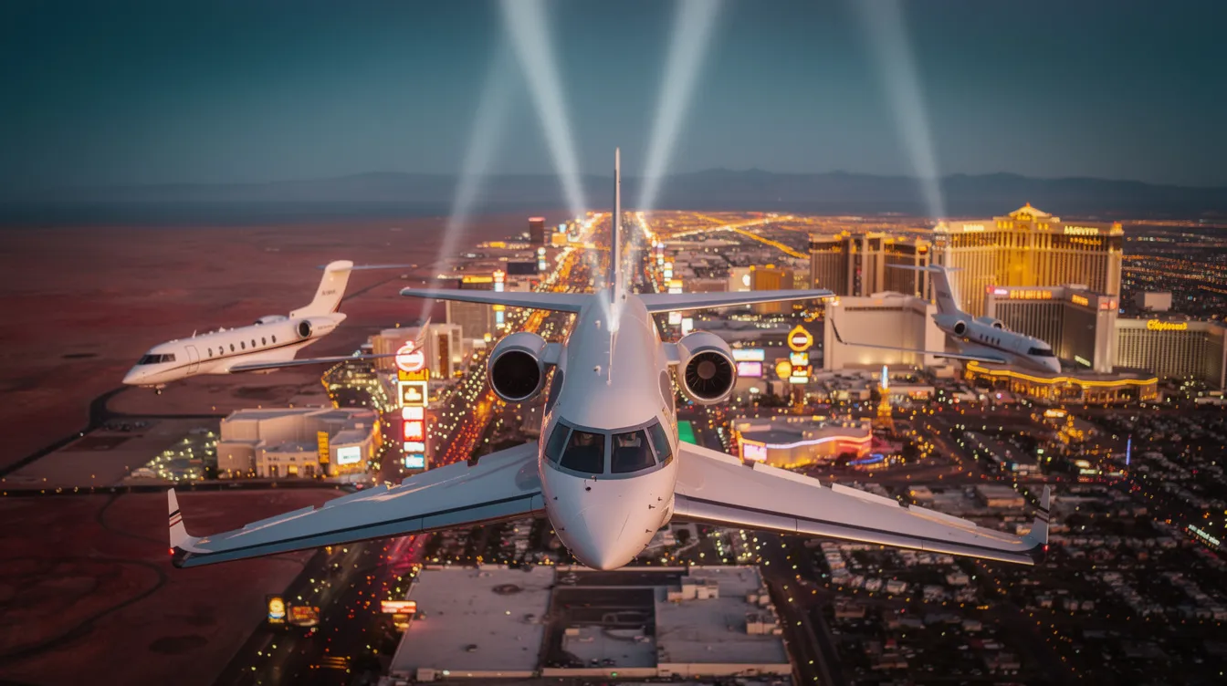 The image depicts a luxurious private jet parked at a sleek airport, ready for a flight to Las Vegas. The scene highlights the convenience of private jet charter flights, showcasing the spacious cabin and the promise of a comfortable journey to the entertainment capital.