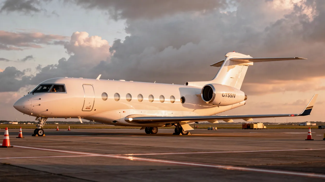 The image features a Gulfstream G550 private jet, known for its ultra long range capabilities and luxurious cabin designed to accommodate up to 16 passengers. It showcases the sleek exterior of the aircraft, highlighting its factory paint and elegant design, perfect for high-speed travel with enhanced navigation and comfort.