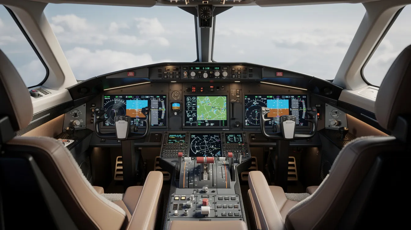 The image showcases a modern cockpit of a Gulfstream G550 private jet, featuring advanced digital displays and pilot controls designed for enhanced navigation and performance. The sleek design reflects the luxury and technology of an ultra long range jet, suitable for high-speed flights and accommodating up to 16 passengers.