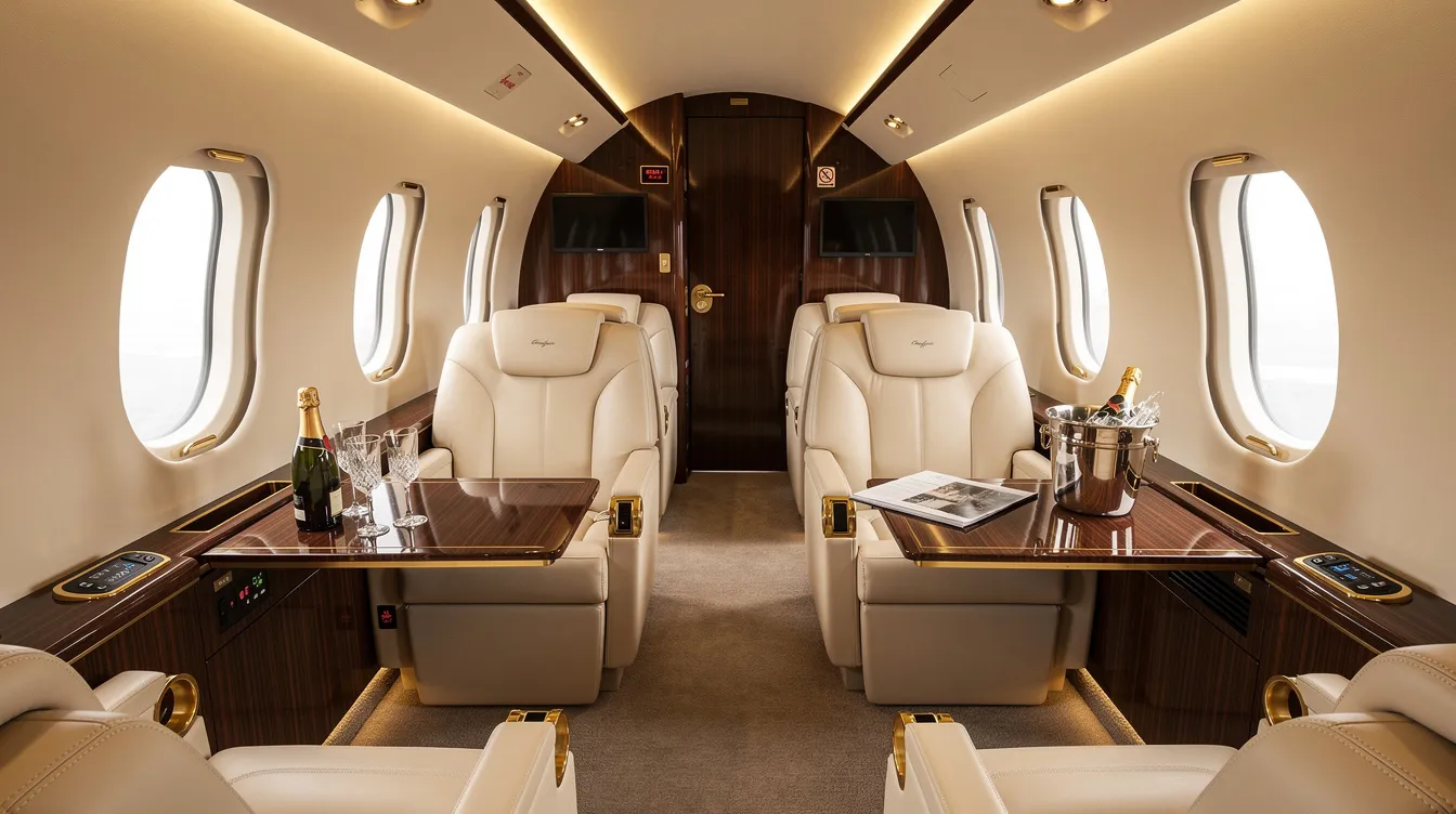 The image depicts the luxurious interior of a Gulfstream G550 private jet cabin, featuring plush leather club seating and elegant wood finishes that exude sophistication. Natural light floods the space, creating a warm and inviting atmosphere for passengers, while the forward galley adds to the convenience and comfort of this ultra long range jet.