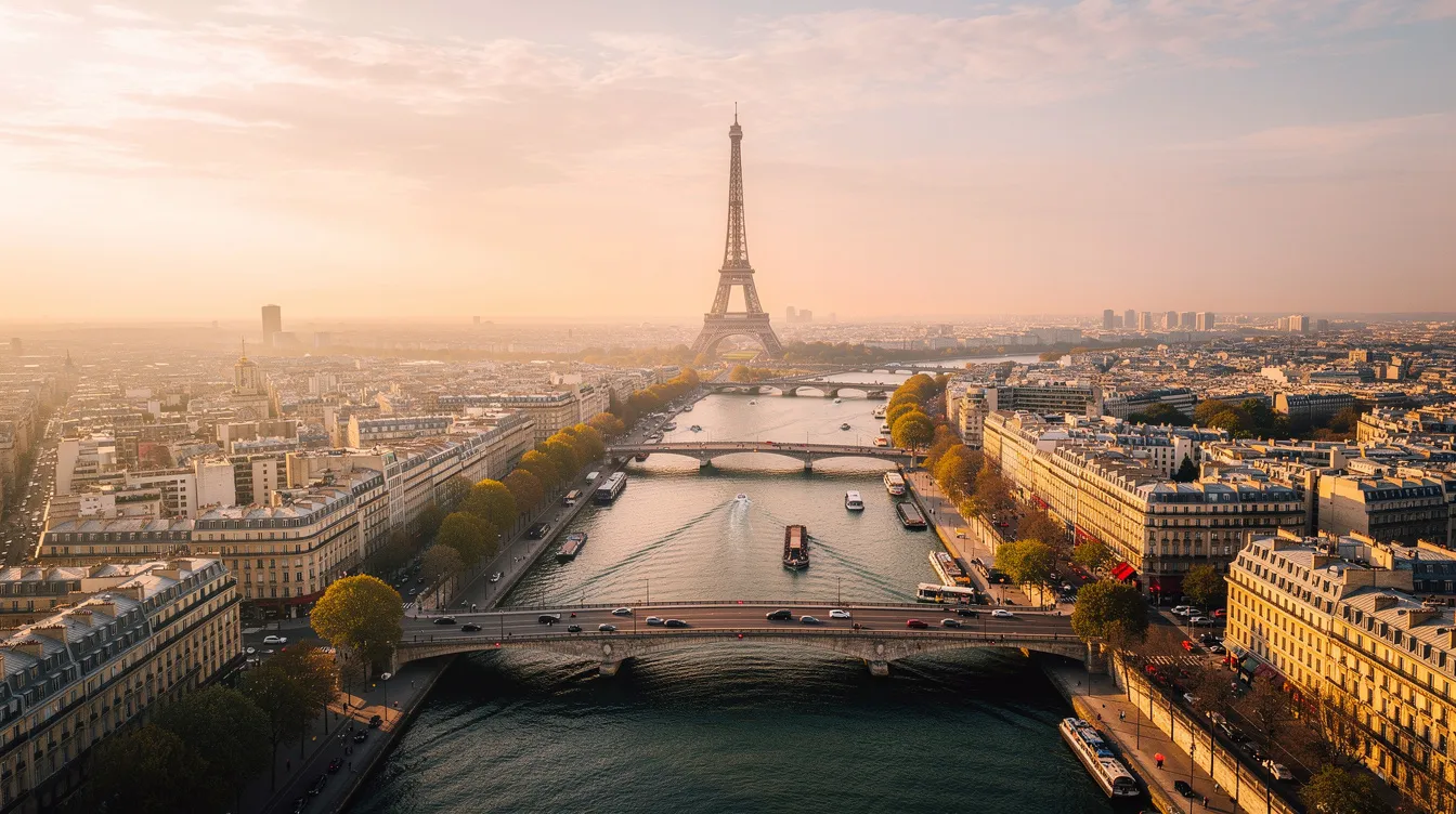 An aerial view of Paris captures the Seine River winding through the cityscape during the golden hour, with iconic landmarks like the Eiffel Tower illuminated in warm light. This picturesque scene highlights the beauty of the city, making it an inviting destination for travelers considering private jet charter services to explore European countries.