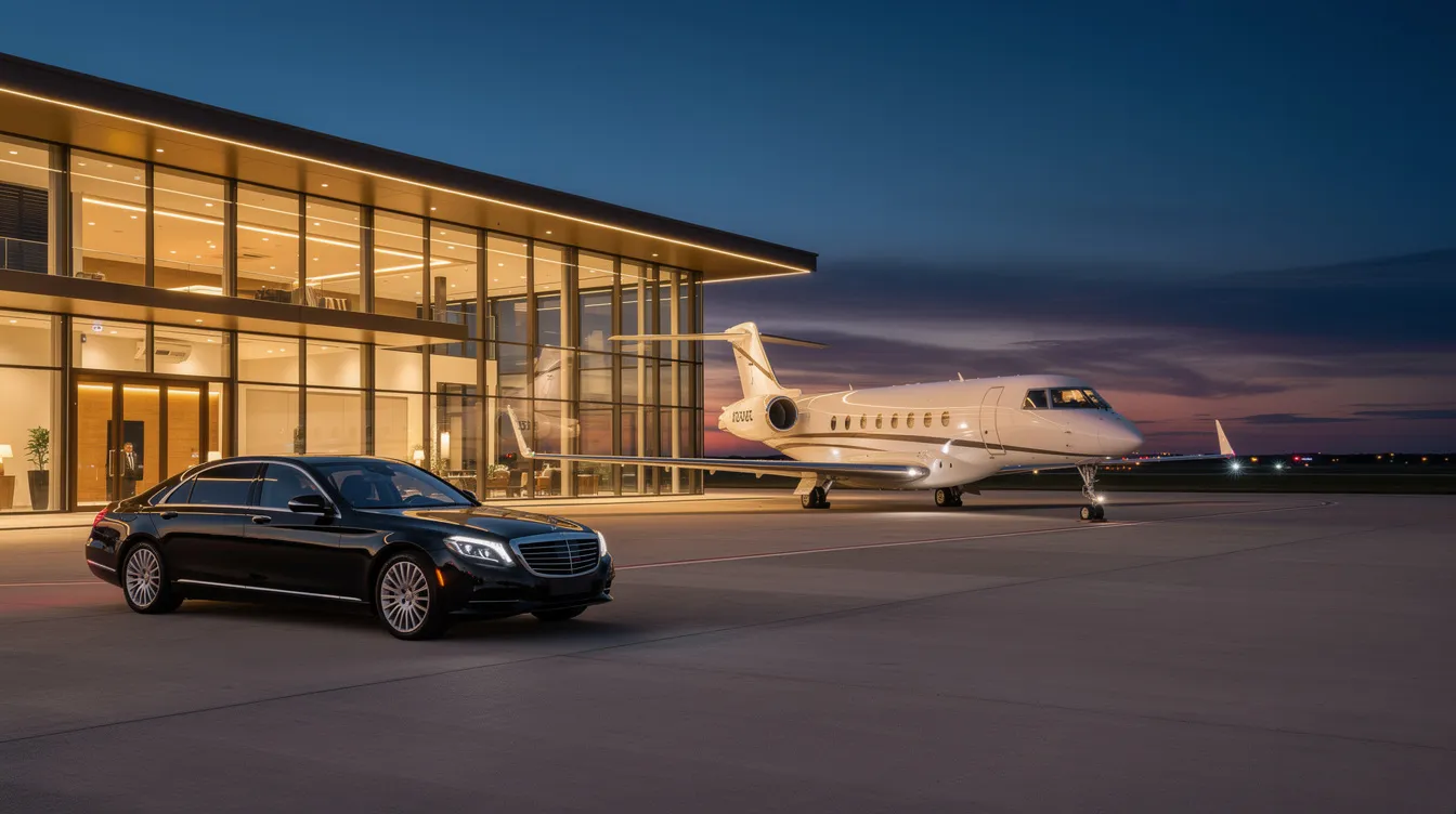 The image depicts a luxury FBO terminal exterior featuring a sleek private jet parked on the tarmac alongside a black sedan, highlighting the elegance of private jet travel. This scene exemplifies the convenience and high service level of private jet charter services for discerning travelers heading to European destinations.