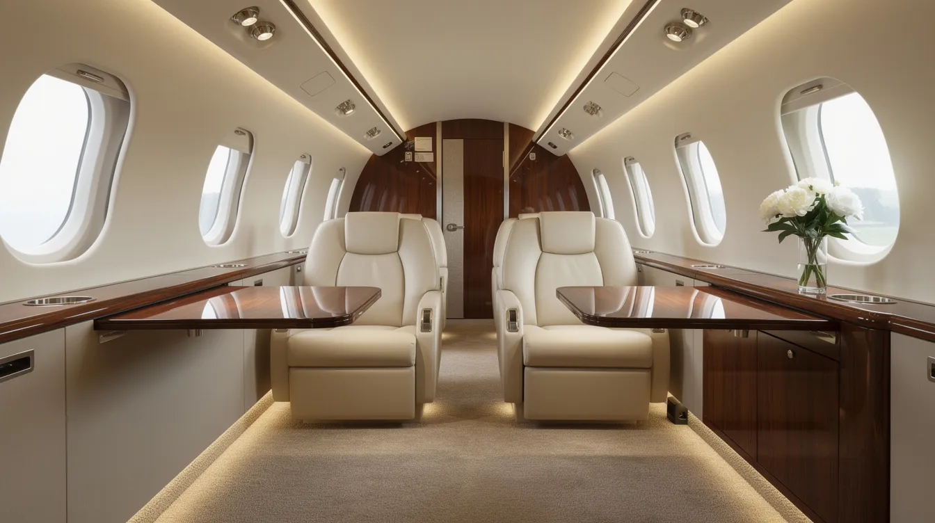 The image showcases a luxurious private jet interior featuring cream leather seats and elegant wood trim, highlighting the spacious cabin designed for comfortable private travel. This opulent setting reflects the high standards of private aviation, ideal for business jets and personal use.