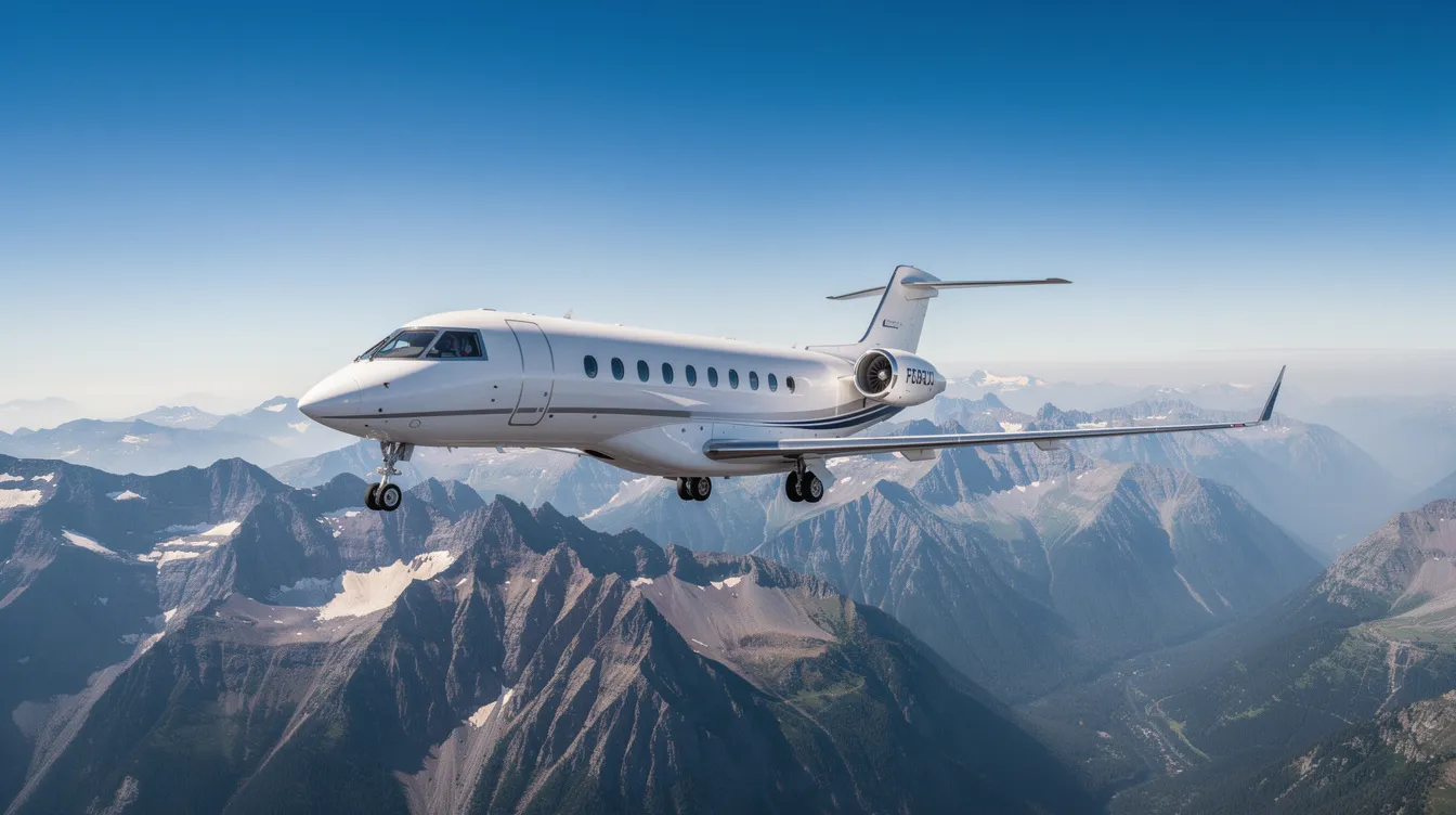 A small private jet is soaring above rugged mountain terrain under a clear blue sky, showcasing the beauty of private aviation. This light jet, ideal for personal or business travel, symbolizes the freedom and efficiency of flying private, allowing access to smaller airports and enhancing the travel experience.