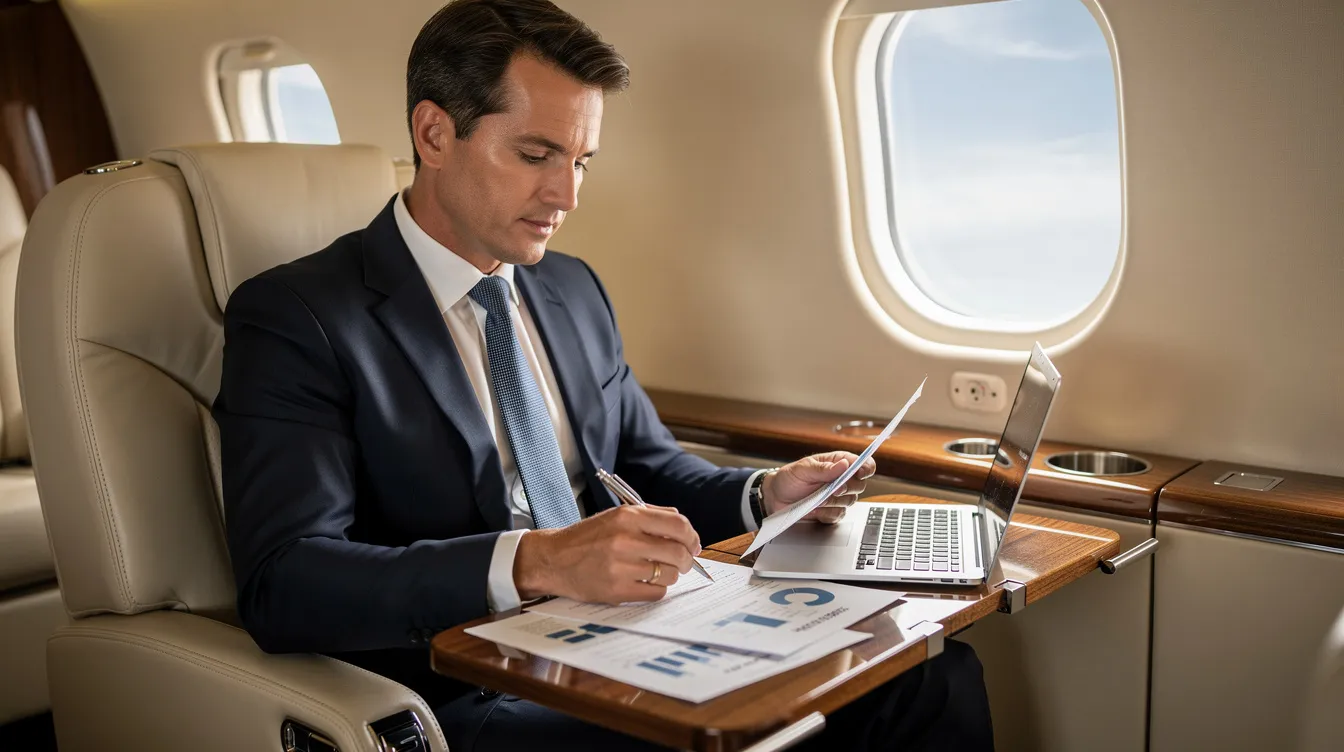 A business professional is seated in a spacious private aircraft cabin, reviewing important documents as part of their private travel. The luxurious environment showcases the efficiency and comfort of private jets, making it an ideal space for executive travel and business meetings.
