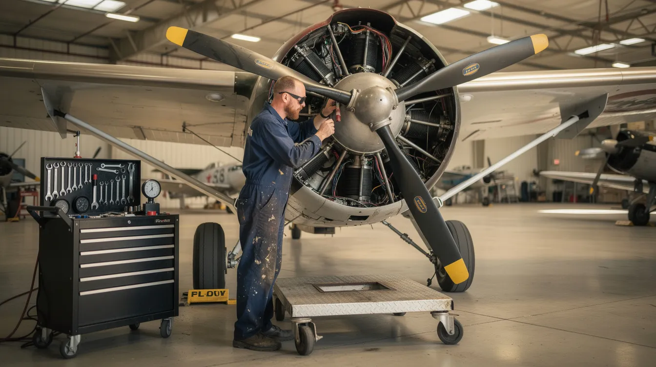 An aircraft mechanic is inspecting the engine of a vintage 1946 Piper J-3 Cub inside a well-lit hangar, showcasing the plane's fabric wings and propeller. This scene highlights the meticulous care taken in maintaining such classic aircraft, which are often sought after for sale by enthusiasts.