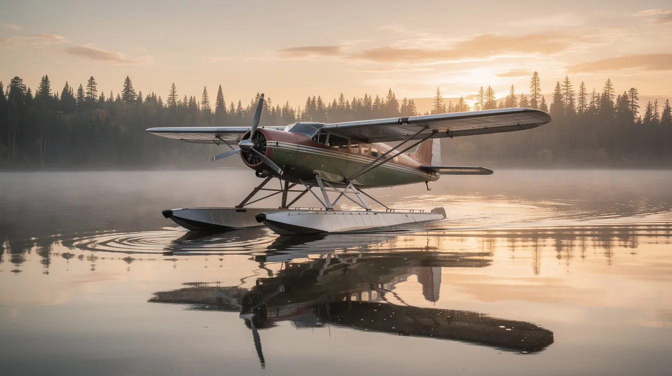 A vintage floatplane, specifically a 1946 Piper J-3 Cub, is gently resting on the calm waters of a lake, surrounded by a serene forested shoreline in the distance. This aircraft, in good condition, showcases its fabric wings and propeller, inviting those interested in exploring models for sale.
