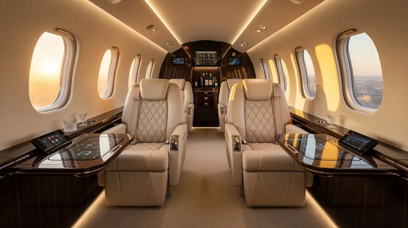 The image showcases a luxurious private jet cabin interior, featuring plush leather seats and modern amenities designed for comfort and convenience. This private aviation experience offers unmatched comfort and privacy, allowing travelers to fly privately on their own schedule, avoiding the hassles of commercial airlines.