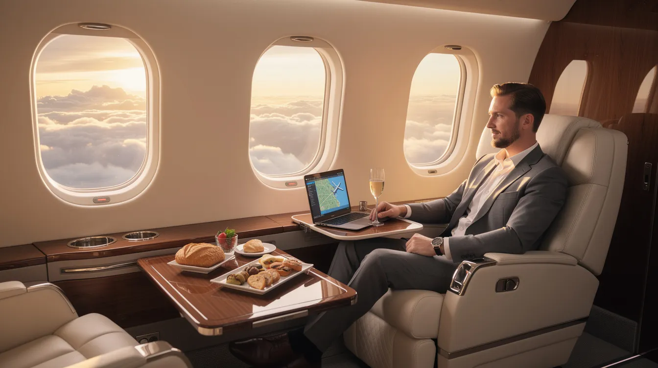 The image depicts a luxurious private jet parked on a tarmac, symbolizing the benefits of private jet travel. With its sleek design and spacious interior, this private aircraft offers unmatched comfort, allowing travelers to fly privately and enjoy a stress-free experience while adhering to their own schedule.