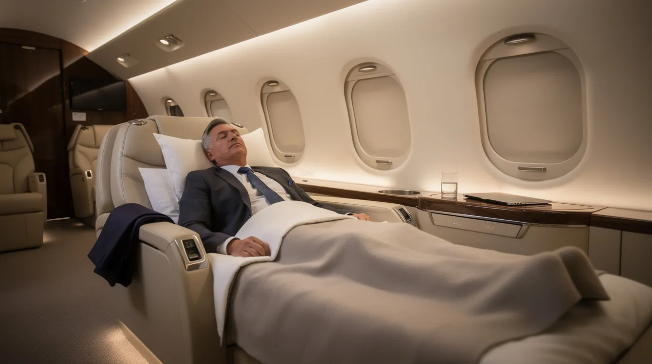 A business executive is peacefully sleeping in a flat bed aboard a private jet, with the window shades closed for privacy. The interior reflects the luxurious comfort of business aviation, designed for long-range travel, ensuring a restful environment during flights that can cover distances of up to 8,000 nautical miles.