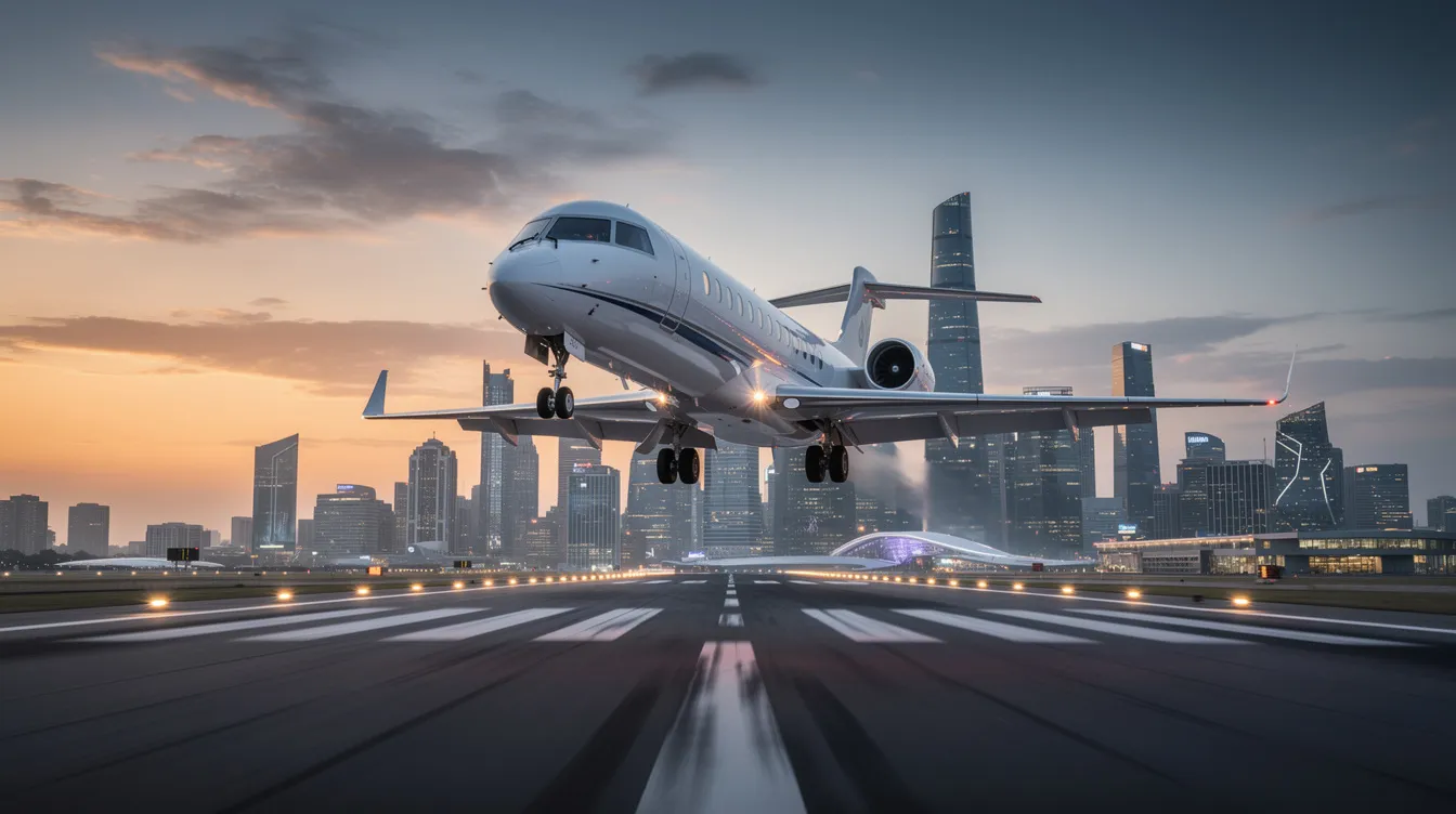 A sleek business jet is approaching a runway, with a modern city skyline visible in the background, showcasing the dynamic world of private aviation. This aircraft, designed for long-range flights, exemplifies the luxury and efficiency of business jets, making it ideal for intercontinental routes and fast travel.