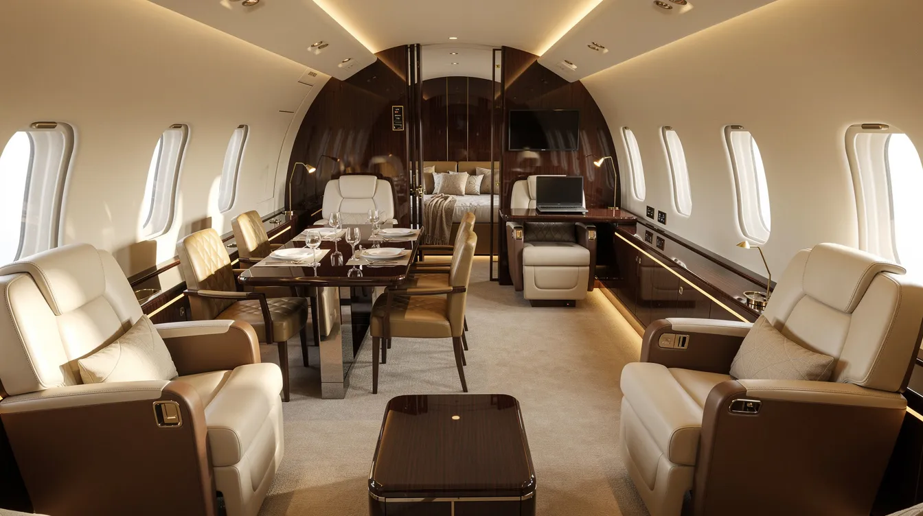 The image depicts a luxurious four-zone private jet cabin interior, featuring plush leather seating and elegant ambient lighting designed for comfort during long-range flights. This spacious cabin is ideal for business aviation, accommodating up to eight passengers with advanced features for optimal performance and relaxation.