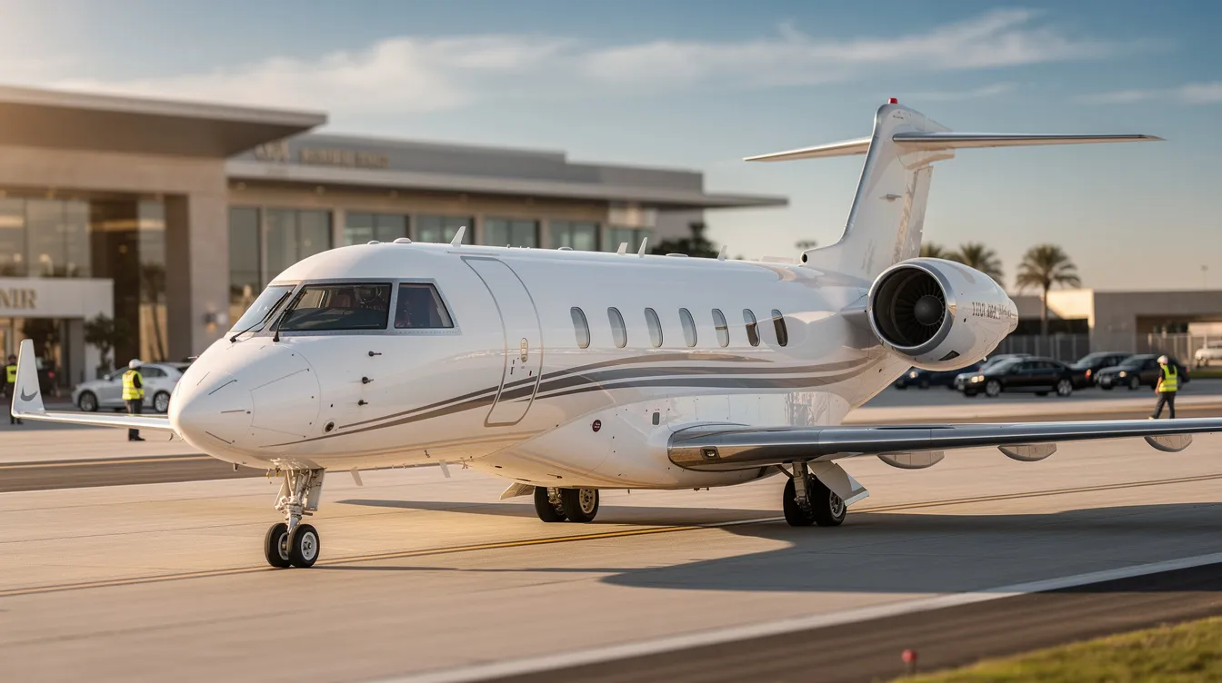 The image depicts a sleek private business jet, showcasing its elegant design and spacious four-zone cabin, ideal for business aviation. This long range private jet is capable of flying nonstop over 8,000 nautical miles, making it one of the fastest business jets available for intercontinental routes.