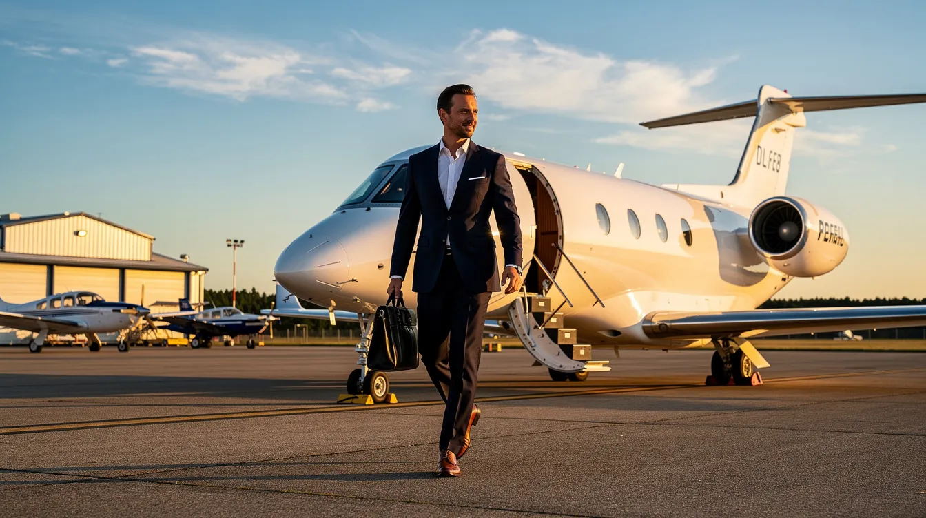 A business professional is walking toward a private jet on a sunny tarmac at a small airport, with a sleek Boeing aircraft in the background, showcasing its aerodynamic design and larger overhead bins. The scene captures the essence of luxury travel, emphasizing the exclusivity of flying in a private plane.