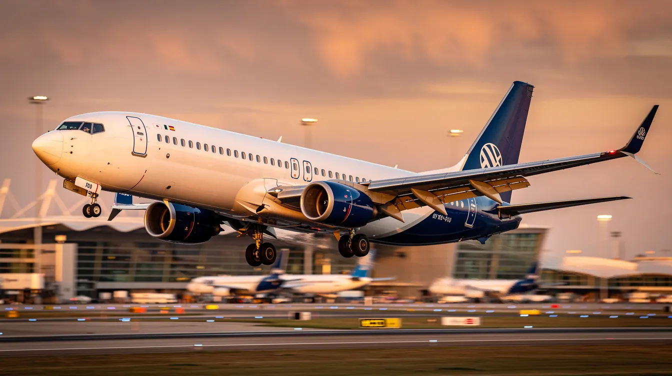 The image features a Boeing 737-900, a narrow body aircraft known for its enhanced aerodynamic design and larger overhead bins. This model is often used by airlines for its efficient seating layout and extended range, making it a popular choice for various flight routes.