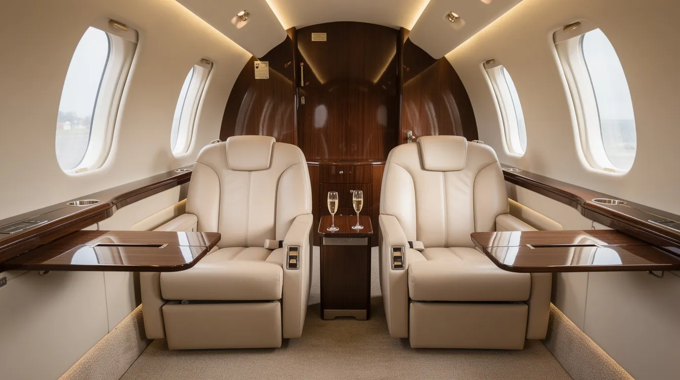 The image depicts the luxurious interior of a private jet featuring cream leather seats with elegant wood trim details, designed for comfort and style. This refined cabin space is reminiscent of a Boeing aircraft, showcasing the premium features typically found in narrow-body aircraft.