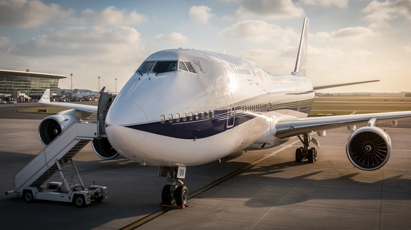 The image showcases a luxurious Boeing 747 private jet, often referred to as a flying palace, featuring an outrageously spacious interior designed for comfort and elegance. With its upper deck and main deck, the aircraft can accommodate a significant number of passengers, making it ideal for long haul flights in true luxury.