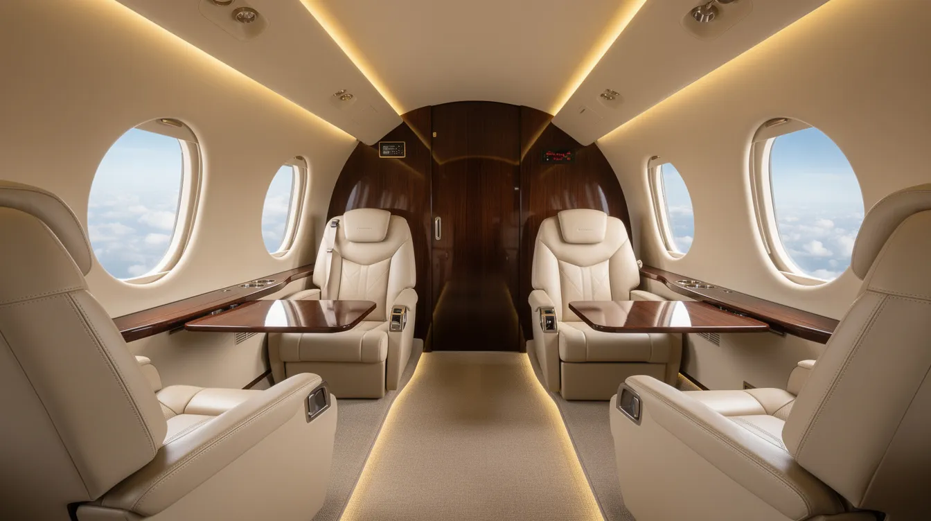 The image showcases the interior of a luxurious private jet, featuring cream leather seats, polished wood panels, and ambient lighting that creates an inviting atmosphere. This opulent space resembles a flying palace, designed for true luxury and comfort during long haul flights.