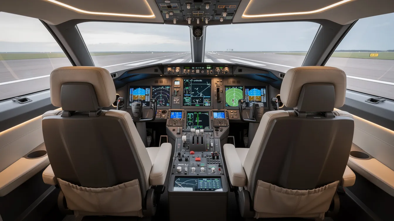 The image depicts a modern private jet cockpit interior, specifically showcasing the advanced avionics and multiple digital displays of the Cirrus Vision Jet. The sleek design emphasizes the spacious cabin and user-friendly controls, highlighting features essential for owner pilots and enhancing the overall flying experience.