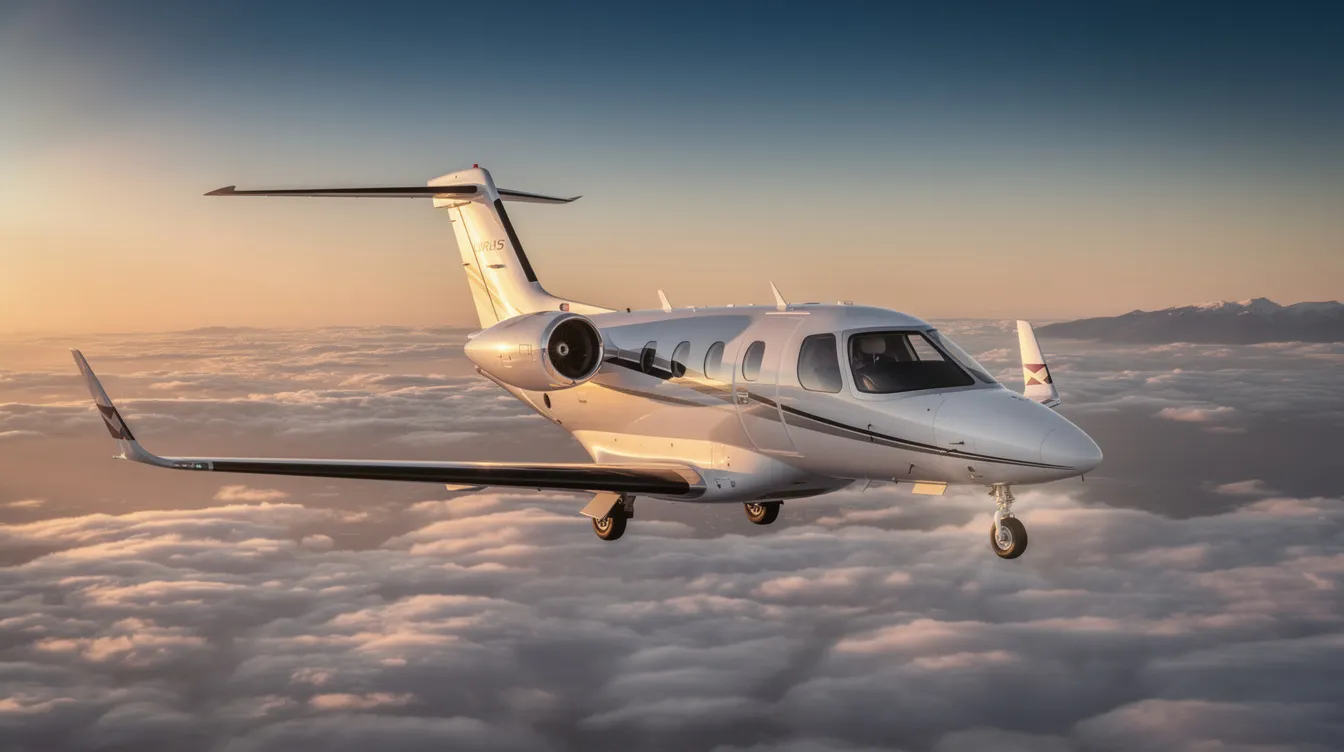 The image depicts a Cirrus Vision Jet, a sleek and modern very light jet known for its spacious cabin and advanced features like the Cirrus Airframe Parachute System. This single-engine aircraft combines enhanced takeoff performance with a stylish design, making it a popular choice among owner pilots seeking a great flying experience.