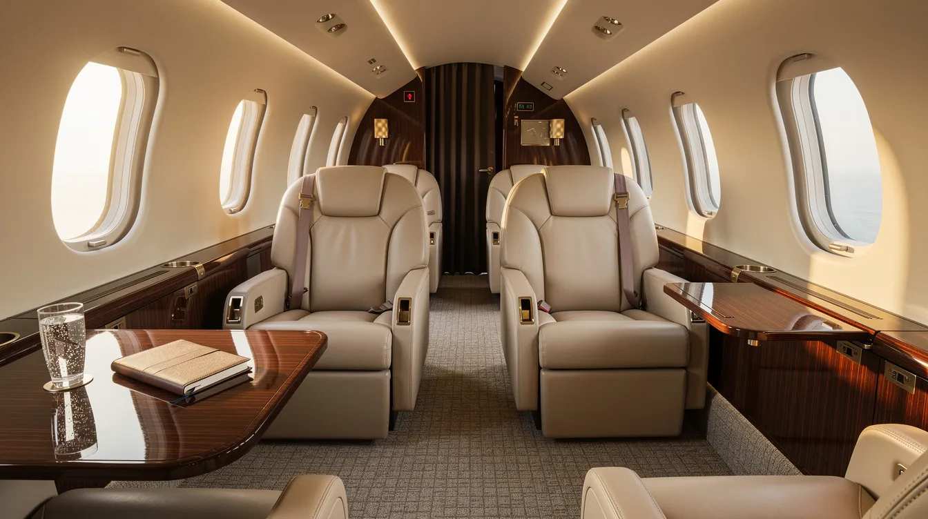 The image depicts a luxurious private jet interior featuring plush leather seats and elegant wood trim, creating a sophisticated atmosphere for passengers. The design emphasizes comfort and style, making it an ideal setting for high-end travel.