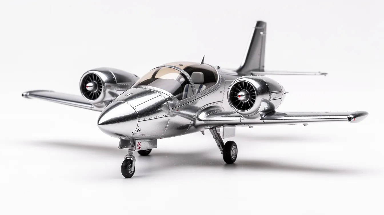 The image features a Cri-Cri jet plane, known for being the world's smallest twin-engine aircraft, showcasing its aluminum construction and distinctive design by Michel Colomban. The plane's two engines are prominently displayed, along with its fixed tricycle landing gear, all set against a backdrop of clear blue sky, emphasizing its lightweight and agile nature in flight.