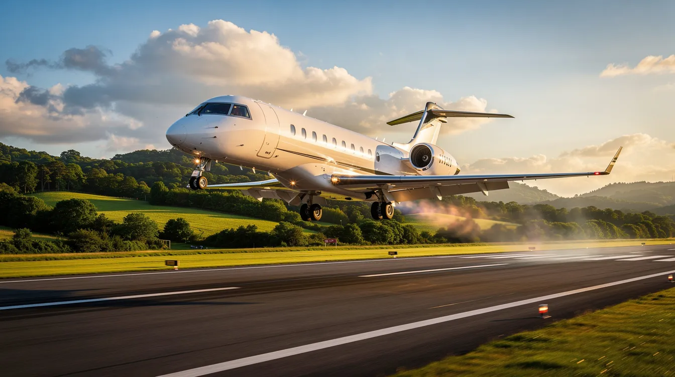 A private jet, resembling a small twin-engined aircraft, is taking off against a lush green landscape, showcasing its aluminum construction and sleek design. The jet's engines roar to life as it reaches full throttle, preparing for flight while the pilot maneuvers the controls to maintain altitude.