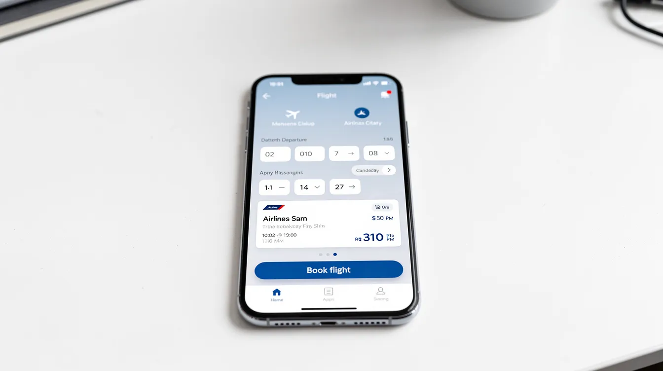 A modern smartphone showcases a flight booking application interface, allowing users to compare different private jet models for charter flights. The app provides essential data to help passengers make informed decisions based on their travel needs and budget.