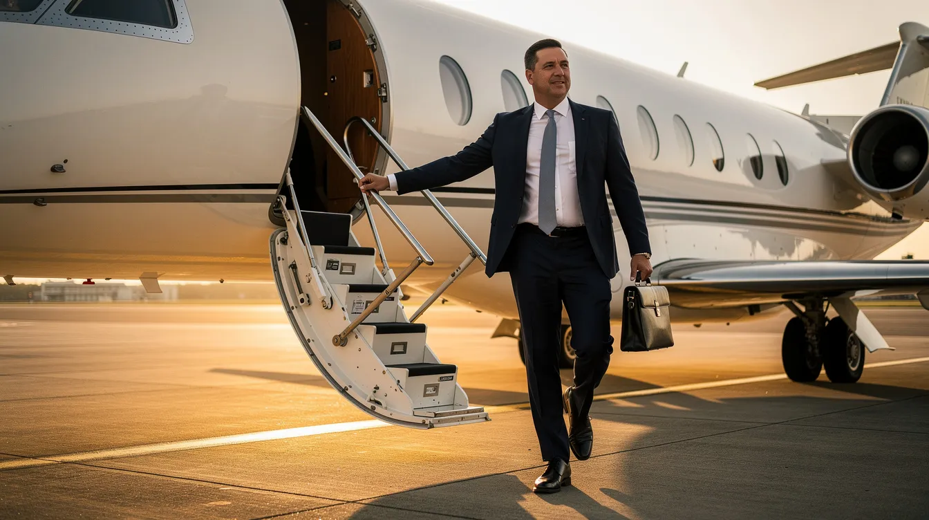 A business executive in a tailored suit is boarding a private jet via airstairs at an airport, showcasing the luxury and convenience of private aviation. This scene highlights the efficiency and comfort that private jets offer for charter flights, catering to the travel needs of discerning passengers.