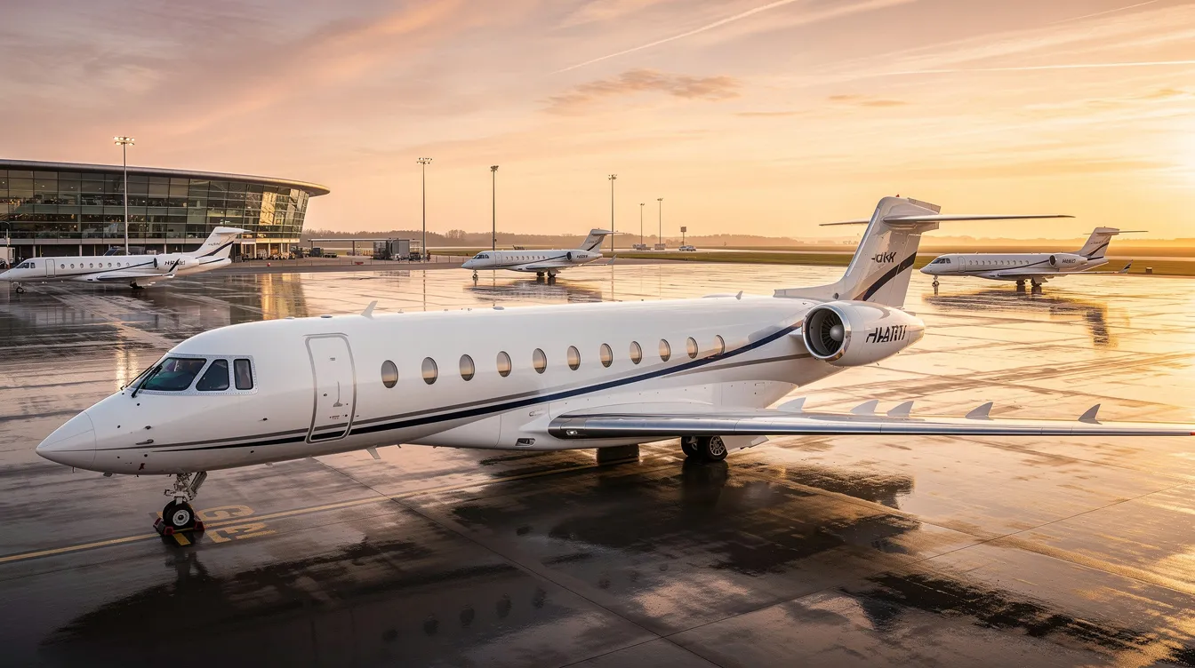 The image showcases a variety of private jets, highlighting different aircraft models used in private aviation. It emphasizes the luxury and convenience of charter flights, allowing passengers to compare options based on size, range, and amenities to meet their travel needs.