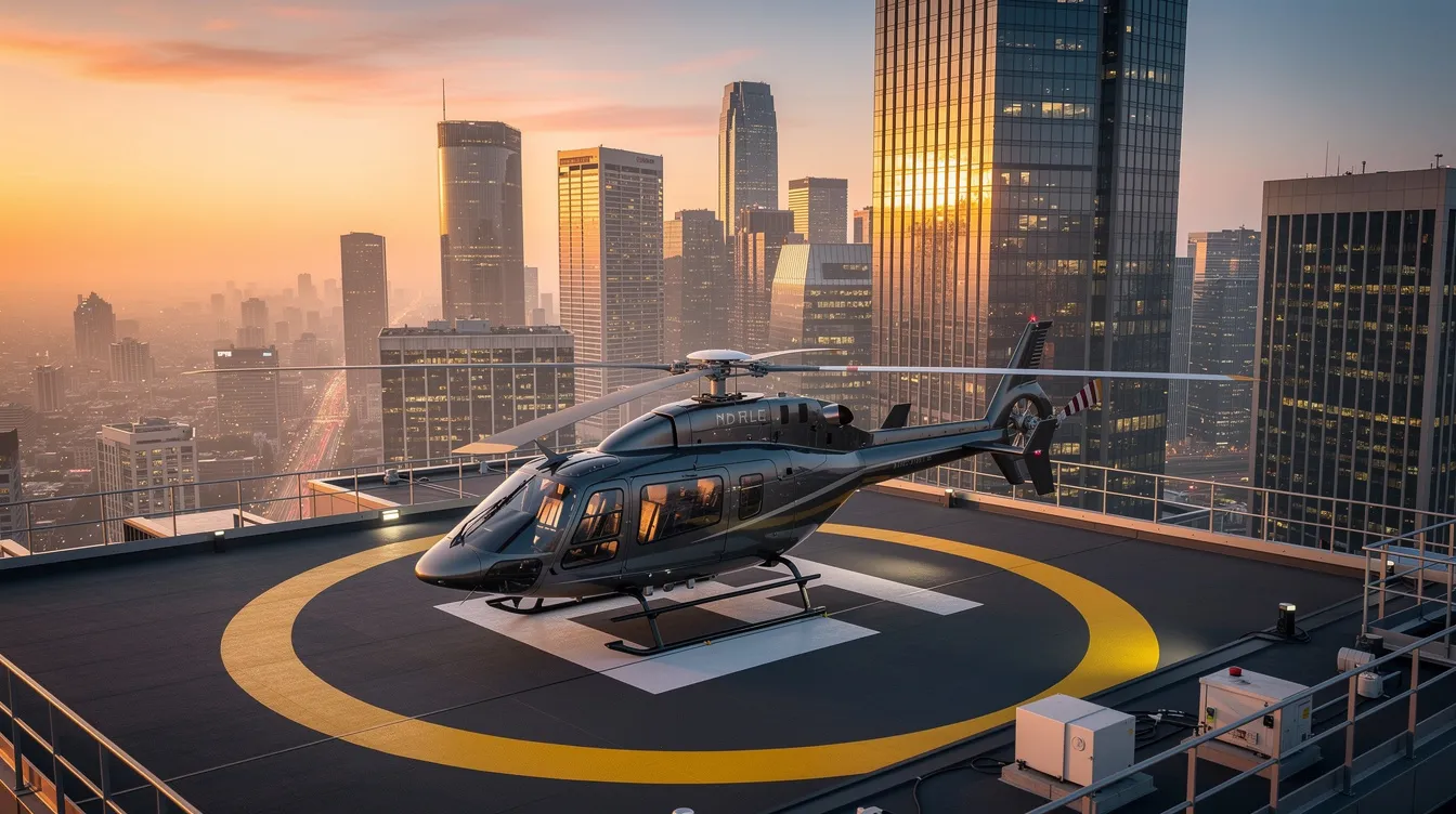 An executive helicopter is parked on a rooftop helipad, with a stunning city skyline in the background. This luxury aircraft, featuring a sleek exterior and tail rotor, represents the pinnacle of private aviation and is ready for its next flight, ensuring comfort and safety for its passengers.