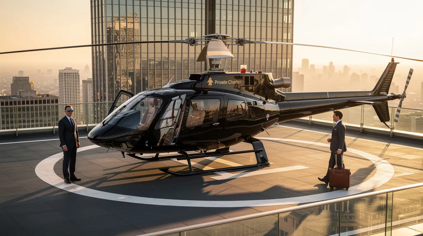 The image depicts a sleek private helicopter, showcasing its luxurious design and exterior, ready for chartering. This helicopter, a model from Bell Helicopters, emphasizes the value of private aviation, catering to customers seeking safe and efficient flying for family or business needs.