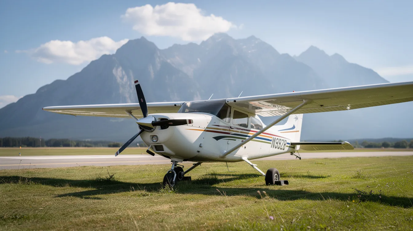 A Cessna 182, a family airplane known for its spacious cabin and comfort, is parked on a grassy airstrip with majestic mountains in the background. This high-wing aircraft offers a great option for families seeking longer trips and adventure in their own plane.