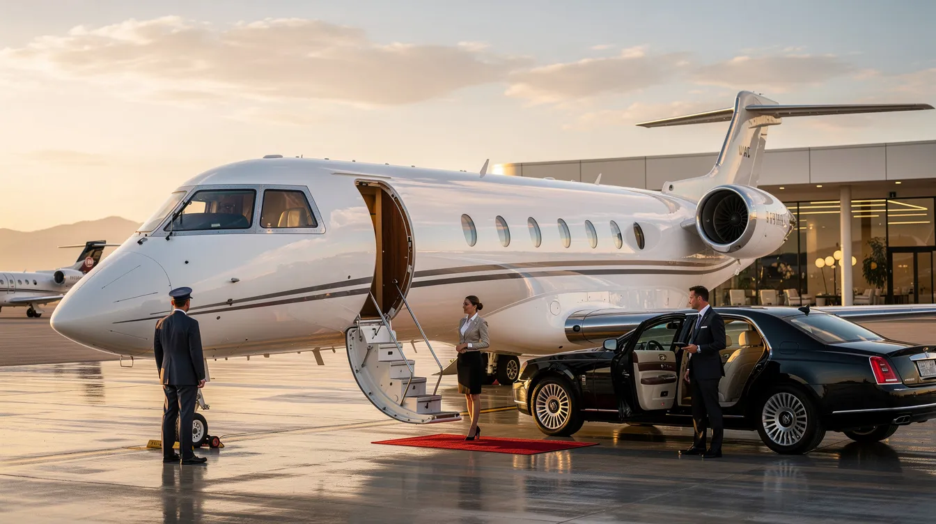 The image depicts a luxurious private jet parked at Indira Gandhi International Airport, showcasing the convenience and elegance of private aviation. This aircraft symbolizes the preferred mode of travel for high net worth individuals and business executives seeking comfort and efficiency in their journeys.
