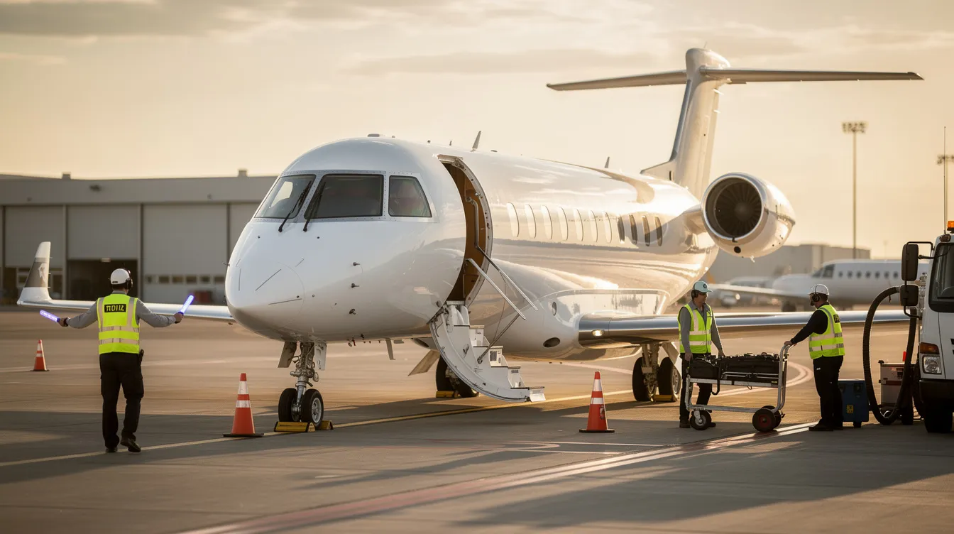 A private jet is parked on the tarmac at Indira Gandhi International Airport, with ground crew members preparing for departure. The scene captures the luxury of private jet travel, highlighting the meticulous attention to detail in the aircraft's readiness for high net worth individuals and business executives.